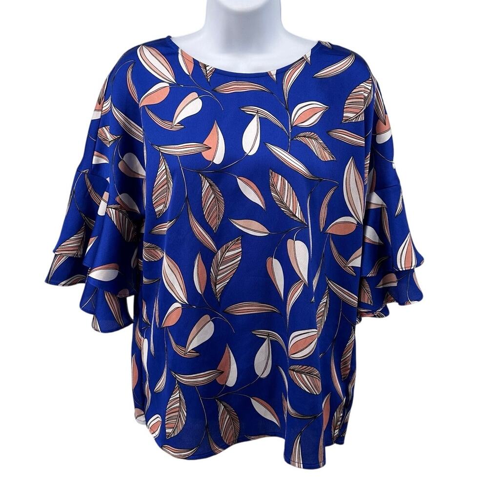 Liz Claiborne Blouse Blue Women M Layered Bell Sleeve Round Neck Pullover Career